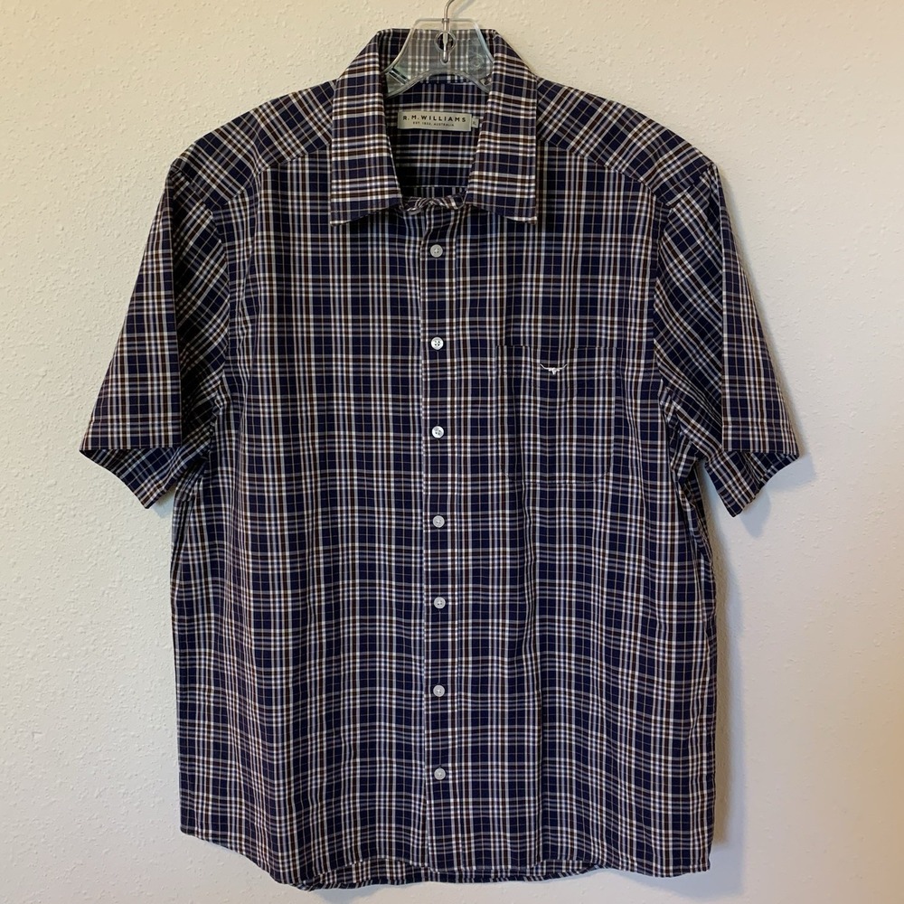 R.M. Williams Men's Blue Plaid Button-Down Shirt Short Sleeve Collar Cotton XL